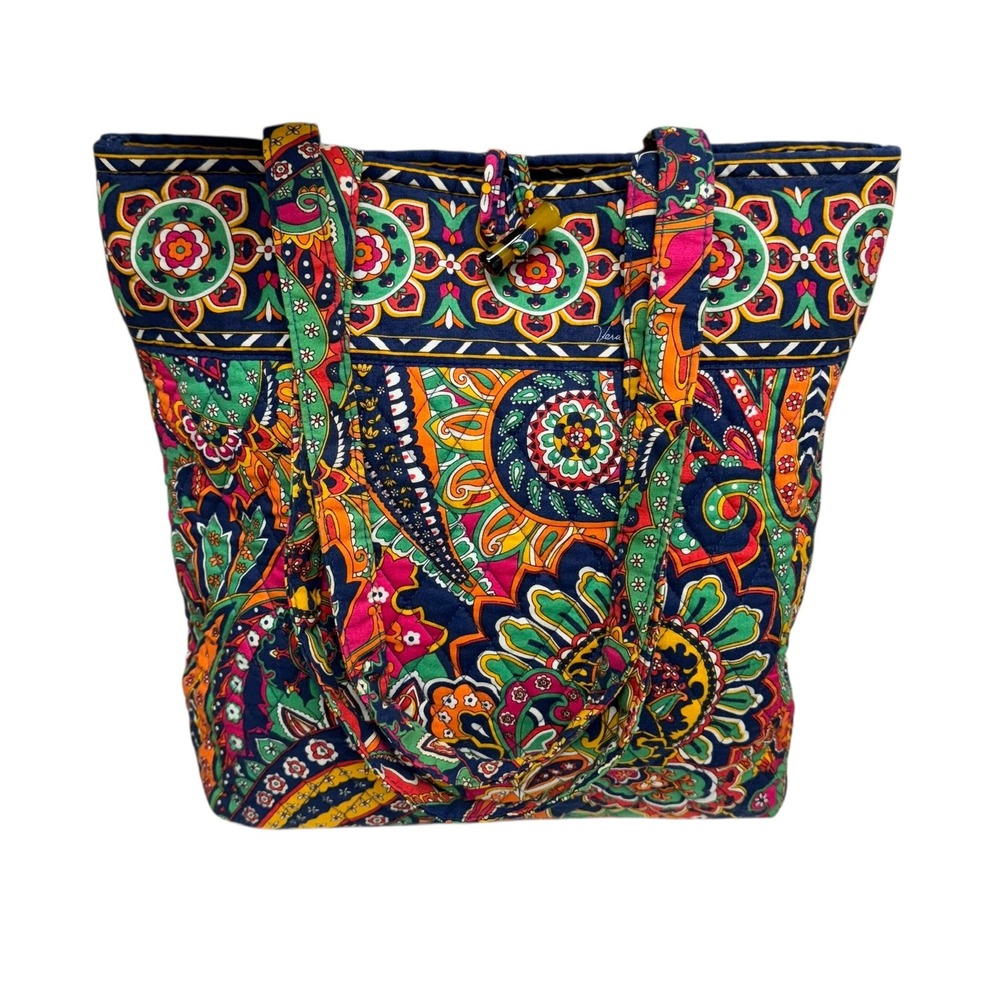 Vera Bradley Sun Valley Paisley Quilted Cotton Tote Bag Navy Chevron Reverse